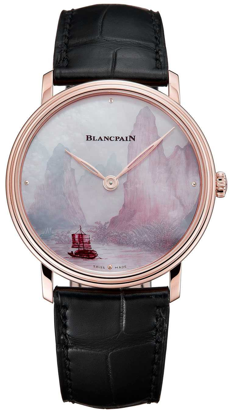 BLANCPAIN「Métiers d’Art大藝術家」系列，珍珠母貝剪影浮雕腕錶，「桂林灕江」面盤，40mm，18K紅金錶殼，11A4B型手動上鏈機芯╱2,727,000元。（圖╱BLANCPAIN提供）