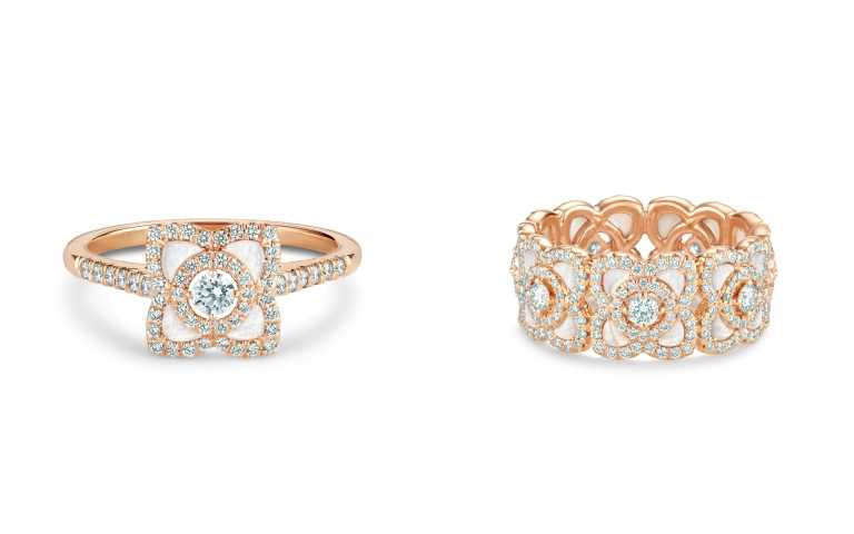 Enchanted Lotus 18K玫瑰金白色珍珠貝母鑽石戒指(小)／120,000元、Enchanted Lotus 18K玫瑰金白色珍珠貝母鑽石戒指／273,000元（圖／品牌提供）