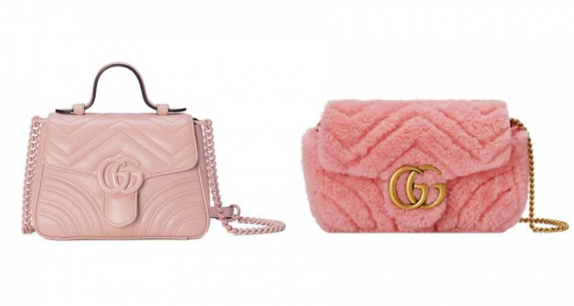 Gucci GG MARMONT淺粉色手提包／76,100元、Gucci GG MARMONT粉色迷你羊毛肩背包／65,600元（圖／品牌提供）