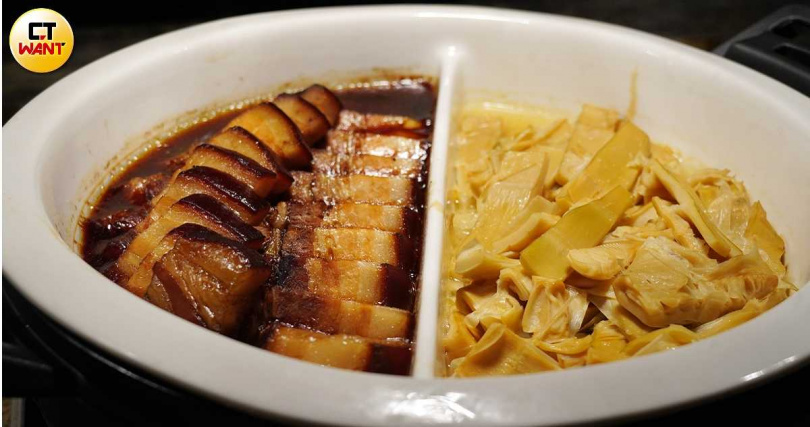 熱食餐檯可見福園台菜海鮮餐廳人氣餐點「一品香東坡肉」。（圖／魏妤靜攝）