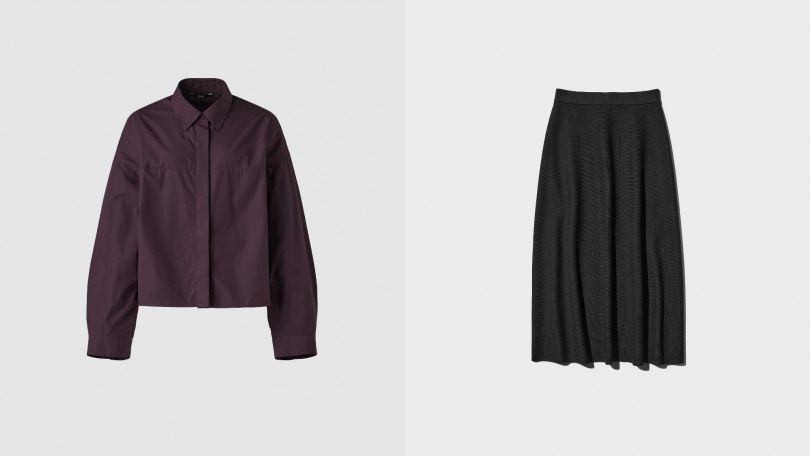 棉質短版襯衫(長袖)/790元,可機洗米蘭羅紋寬襬裙/990元(圖/品牌提供)