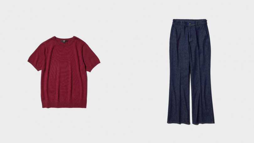 美麗諾圓領毛衣(短袖)/790元,合身喇叭牛仔褲/1,290元(圖/品牌提供)