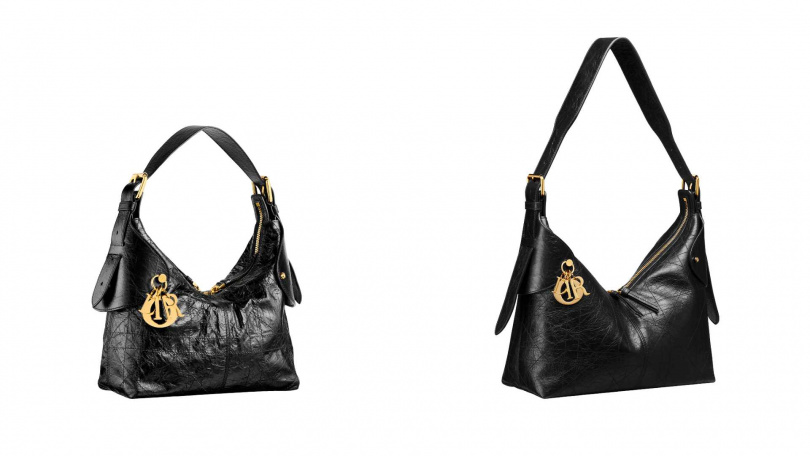 Dior Voyage黑色Flat Macrocannage皺褶亮面小牛皮小型包款／155,000元，黑色皺褶Flat Macrocannage小牛皮中型包款／165,000元（圖／品牌提供）