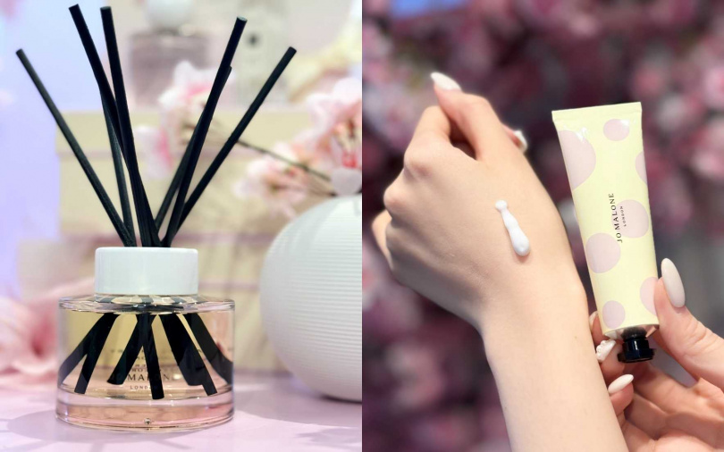 Jo Malone London櫻花限量版擴香165ml／4,300元、櫻花限量版護手霜30ml／950元（圖／吳雅鈴攝）
