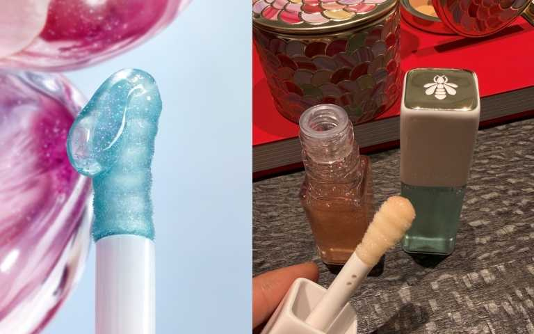 唇露的刷頭製作成蜂蜜勺,可以精準地取用適量產品。GUERLAIN KISSKISS法式之吻波光蜜漾豐唇露100 Warm Glow香檳粉、200 Cool Glow冰川藍/各1,500元。(圖/品牌提供、tingting攝)