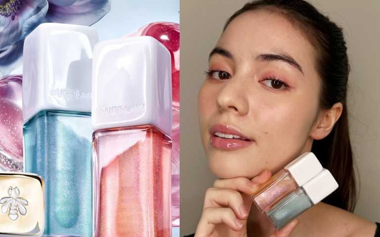 GUERLAIN 嬌蘭KISSKISS法式之吻波光蜜漾豐唇露100 Warm Glow香檳粉、200 Cool Glow冰川藍/各1,500元。(圖/品牌提供、tingting攝)