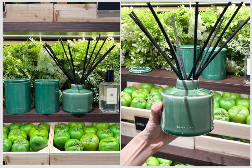 Jo Malone London Townhouse綠蕃茄藤香氛工藝限定版陶瓷蠟燭300g／5,200元、75g／2,000元；Townhouse綠蕃茄藤限定版擴香350ml／8,100元；番茄葉手部清潔露250ml／2,050元。（圖／tingting攝影）