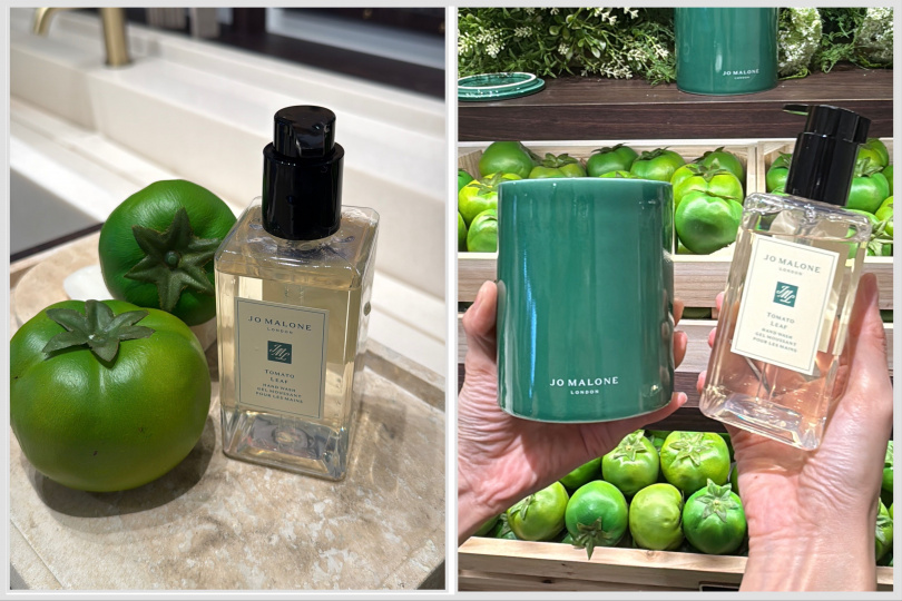 Jo Malone London Townhouse綠蕃茄藤香氛工藝限定版陶瓷蠟燭300g／5,200元、75g／2,000元；番茄葉手部清潔露250ml／2,050元。（圖／tingting攝影）