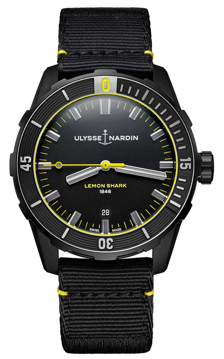 ULYSSE NARDIN「Diver Lemon Shark」檸檬鯊潛水錶，黑色DLC精鋼錶殼，42mm，限量300只╱228,100元。（圖╱ULYSSE NARDIN提供）