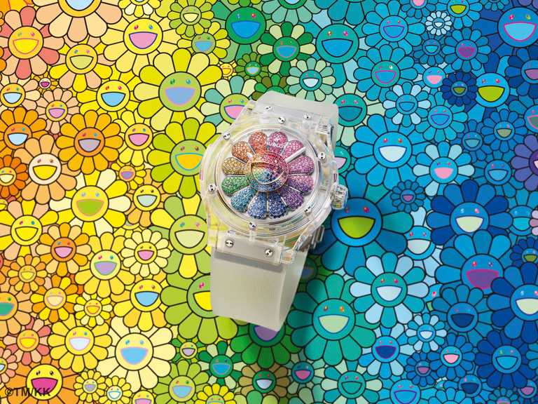HUBLOT「經典融合」系列村上隆藍寶石彩虹腕錶，靈感取自藝術家標誌性的太陽花元素。（圖╱HUBLOT提供）
