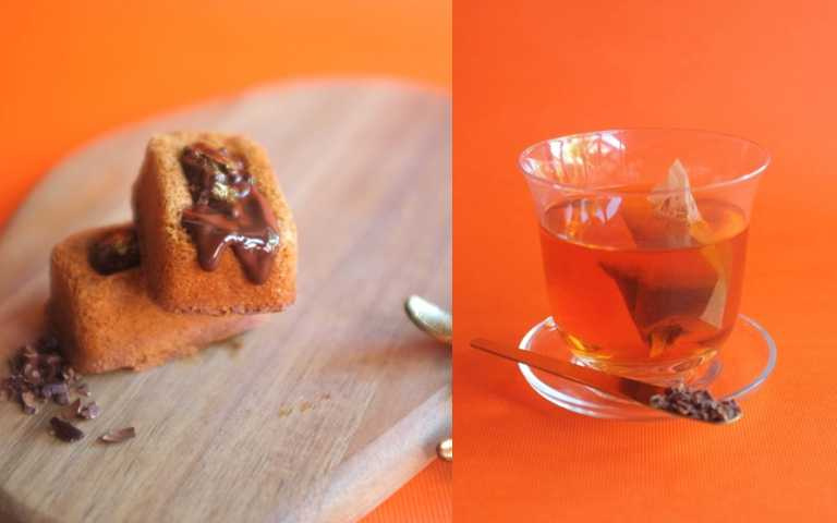 (左)SUGARbISTRO 食糖製菓 CACAOｘPALM SUGAR FINANCIER 屏東可可棕櫚糖金磚蛋糕；(右)SUGARbISTRO 食糖製菓 PING-TUNG CACAO TEA 屏東可可茶（圖／品牌提供）