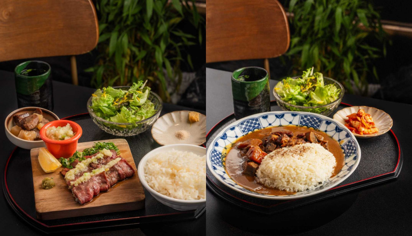 「蔥鹽薄切牛舌套餐」(左,380元)、「牛舌咖哩套餐」。(260元,圖/青杉燒肉提供)