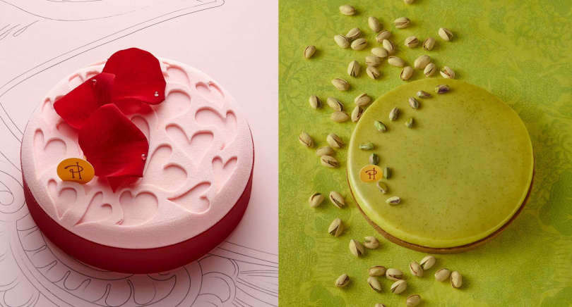 「ISPAHAN COEURS MÊLÉS 玫瑰荔枝與覆盆子慕斯心語」（左）、「Tarte Infiniment Pistache 經典開心果塔」。（各2,280元／6吋，圖／ PIERRE HERMÉ 提供）