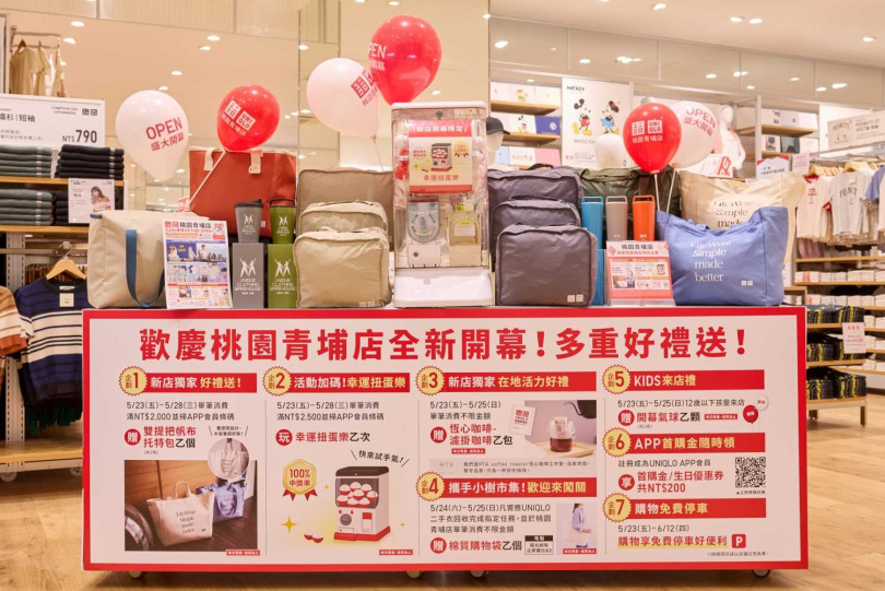 UNIQLO開幕來店好禮活動一覽:5/23-5/25兒童贈氣球;不限金額消費贈恆心濾掛咖啡。5/23-5/28滿NT$2,000贈帆布托特包;滿NT$2,500再抽幸運扭蛋一次(100%中獎)。5/24-5/25響應二手衣回收完成任務,再送棉質購物袋。(圖/品牌提供)