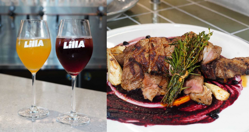 LillA提供10種以紅白酒與自然果實酒為主的汲飲式酒款，有2款更與TCRC & BAR HOME聯名（左），右為「帶骨炭烤豬排」。（圖／魏妤靜攝）