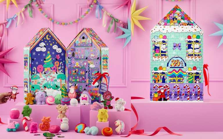 LUSH高街29½號月曆禮盒(7,450元),靈感源自品牌起點門市「29½ High Street」,以25款浸浴產品打造泡泡奇幻世界,附5款限量新品與角色紙板設計,充滿童趣想像。(圖/品牌提供)