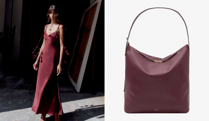 self-portrait Burgundy Satin Flower Midi Dress,A.P.C. VERA 荔枝皮深紅HOBO包 (圖/品牌提供)