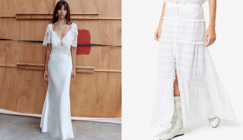 self-portrait White Fine Lace Satin Maxi Dress,ISABEL MARANT 城市休閒米白色百褶裙(圖/品牌提供)