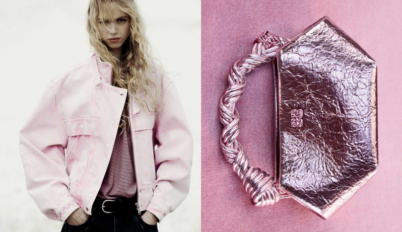 ISABEL MARANT 水洗丹寧粉色寬鬆牛仔外套,GANNI Bou Crushed 迷你斜背包-銀粉(圖/品牌提供)
