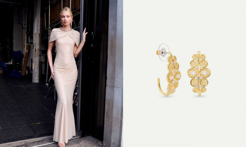 self-portrait Champagne Rhinestone Maxi Dress,Les Néréides 愛樂而生-花絲皇冠耳環(圖/品牌提供)