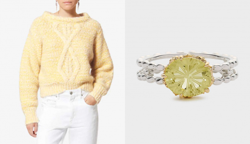 ISABEL MARANT 混色麻花米黃色針織毛衣,NOJESS 雙色湖光戒指(圖/品牌提供)