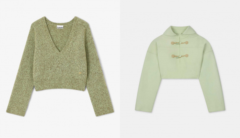 GANNI 絨面馬海毛混紡深 V 領針織上衣-尼羅河綠,KENZO LUCKY ME 杏核綠短版連帽上衣(圖/品牌提供)