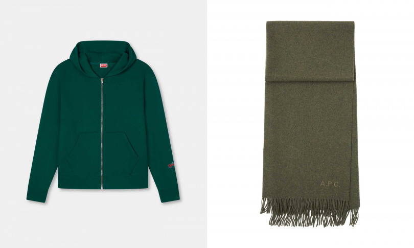 KENZO WINTER 限定墨綠色KALI連帽外套,A.P.C. 經典LOGO墨綠ALIX圍巾(圖/品牌提供)