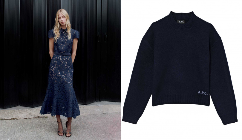 self-portrait Navy Guipure Lace Midi Dress,A.P.C.角落LOGO深藍毛衣(圖/品牌提供)