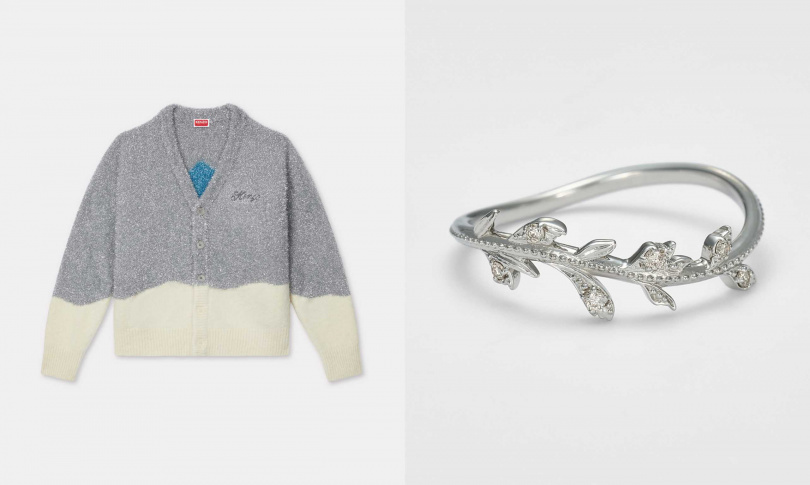 KENZO WINTER 限定銀色箔飾 KALI 針織開襟衫,agete 鉑金香根芹鑽石戒指(圖/品牌提供)