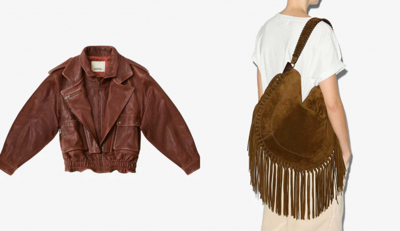 ISABEL MARANT 皮革工藝紅磚色羊皮騎士外套,ISABEL MARANT OSKAN HOBO SOFT 深褐色流蘇肩背包(圖/品牌提供)