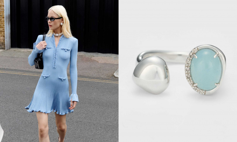 self-portrait Blue Pearl Trim Knit Mini Dress,agete波弧海藍寶石戒指(圖/品牌提供)