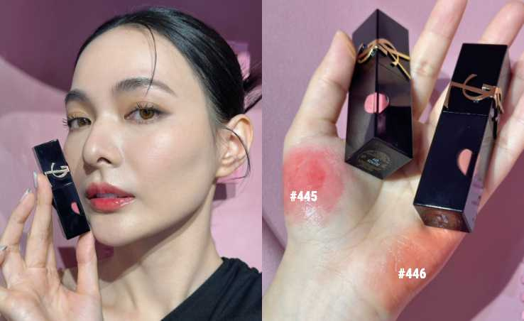 YSL 奢華印記唇釉 新色 #445 輕粉呼喊、#446 蜜桃暗示 1,650元（圖／廖怡婷 攝）
