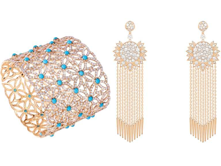 （左）PIAGET「Sunlight」系列高級珠寶鑽石耳環╱545,000元；（右）「Extremely Piaget」系列綠松石高級珠寶手鐲╱4,100,000元。（圖╱PIAGET提供）