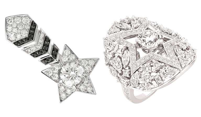 （左）CHANEL頂級珠寶「Comète」耳環，18K白金鑲嵌鑽石、黑色尖晶石╱1,393,000元；（右）「Etoile Filante」白金鑲鑽戒指╱4,297,000元。（圖╱CHANEL提供）　
