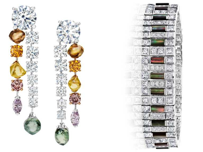 （左）DE BEERS「Diamond Legends」高級珠寶系列「Vulcan」鑽石珠寶耳環╱6,450,000元；（右）「Portraits of Nature」高級珠寶系列「Chapman's Zebra」鑽石手環╱6,950,000元。（圖╱DE BEERS提供）