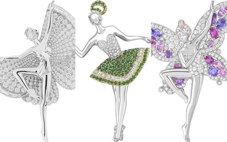 Precious butterfly ballerina胸針／7,400,000元、Hortensia ballerina胸針／6,700,000元、Fee des papillons胸針(Butterflies系列)／8,300,000元(圖／品牌提供)