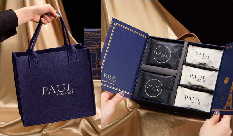 「巴黎星月」內含「法式烤布蕾蝴蝶酥」14入、「經典楓糖派」18入、「PAUL毛氈提袋」1入。（980元，圖／PAUL Taiwan提供）