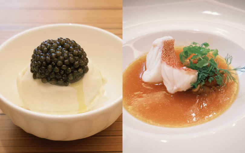 開胃小品後，以「魚子醬與煙燻起士冰淇淋」揭開序幕；「季節鮮魚與西西里魚湯」延續海味主題。（圖／加七攝）