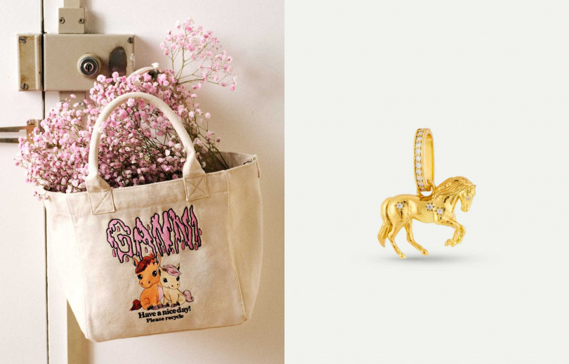 (圖/GANNI 馬年限定小型手提袋-白鷺、Les Néréides 馬年墜飾)