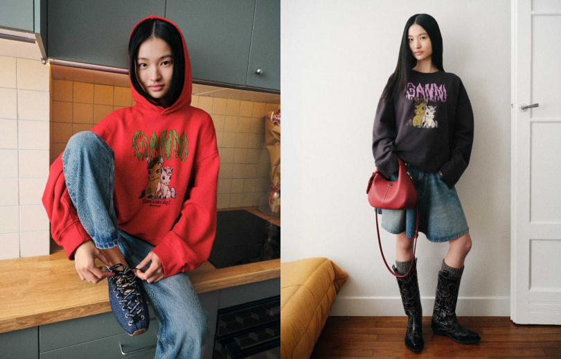 (圖/GANNI 馬年限定連帽上衣-櫻桃紅、GANNI 馬年限定長袖上衣-幽靈灰)