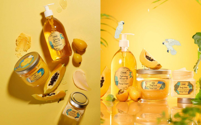 SABON熱帶果嶼輕潤沐浴油300ml/1,080元&500ml/1,380元、熱帶果嶼身體磨砂膏320g/1,580元&600g/2,180元、熱帶果嶼清爽保濕凝凍200ml/1,580元(圖/品牌提供)