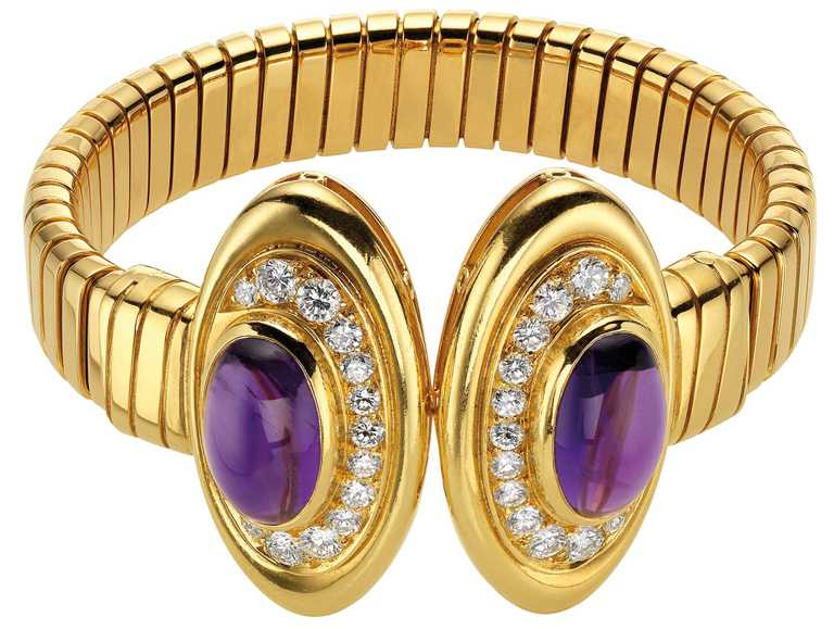 BVLGARI「Heritage典藏」系列紫水晶與鑽石Tubogas手環，創作時間約西元1972年。（圖╱BVLGARI提供）