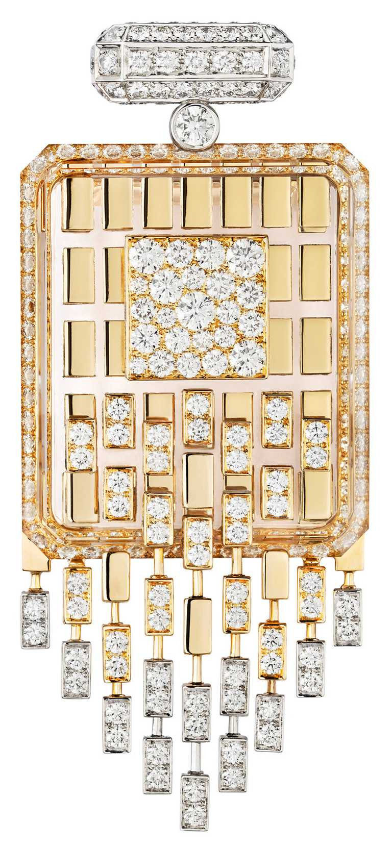 CHANEL「N°5」系列頂級珠寶，「Signature Bottle」胸針，18K黃金及鉑金鑲嵌鑽石、白水晶及漆╱5,390,000元。（圖╱CHANEL提供）