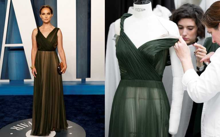 Natalie Portman 穿著 Dior 高級訂製服系列森綠色褶襉雪紡紗長洋裝現身會後派對。(圖／品牌提供)