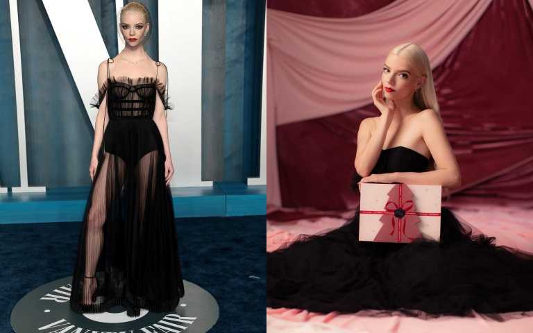 Anya Taylor-Joy 以一襲 Dior 2022 秋冬系列黑色馬甲式薄紗長洋裝，搭配黑色網紗面罩出席會後派對。(圖／品牌提供、IG)