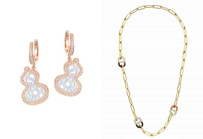 珠寶飾品可以這樣選>Qeelin_Wulu Lace 18K玫瑰金鑲鑽珍珠母貝耳環／283,500元、DIOR COLOR DIOR鑽石與木質黃K金長項鍊／1,950,000元。（圖／品牌提供）