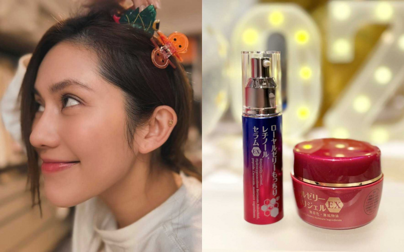 王宇婕力推的「A醇三明治法」，靠蜂王乳A醇緊緻精華EX+蜂王乳凝露EX雙管齊下，讓她44歲的素顏照樣無敵嫩。（圖／取自王宇婕IG、吳雅鈴攝）