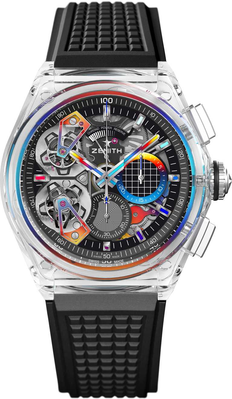 ZENITH x Felipe Pantone「DEFY 21」雙陀飛輪腕錶，「Only Watch」限量款，46mm，全藍寶石錶殼，El Primero 9020型自動上鍊機芯。（圖╱ZENITH提供）