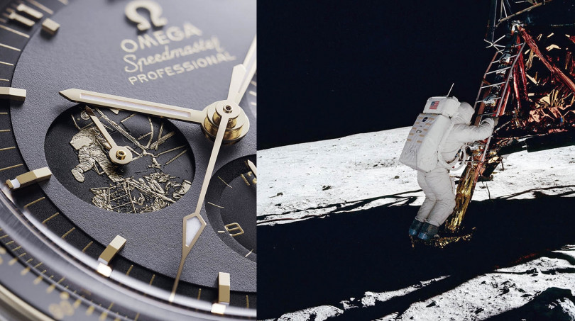 超霸阿波羅十一號五十周年限量版的小秒盤上，以金線刻繪出艾德林爬出小鷹號登月艇的經典畫面，別具紀念價值。