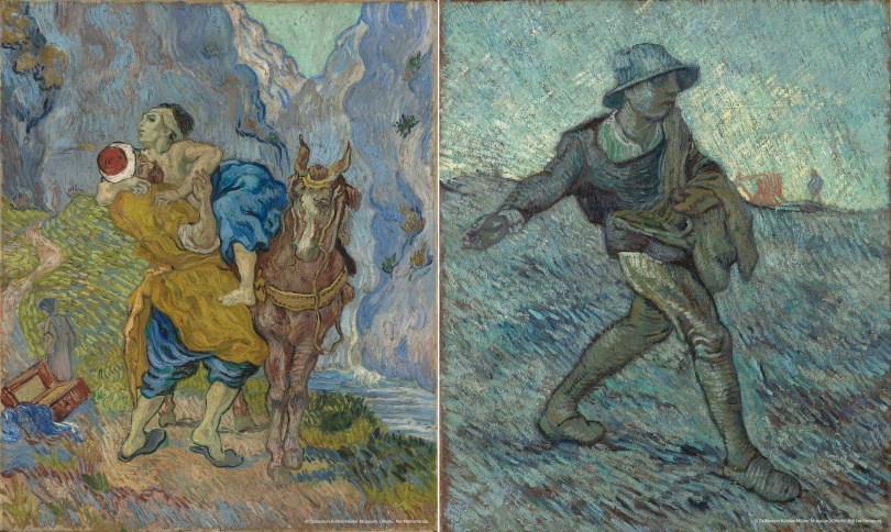 梵谷1890年兩件作品《好撒瑪利亞人》（左，仿德拉克洛瓦之作）、《播種者》（仿米勒之作）。